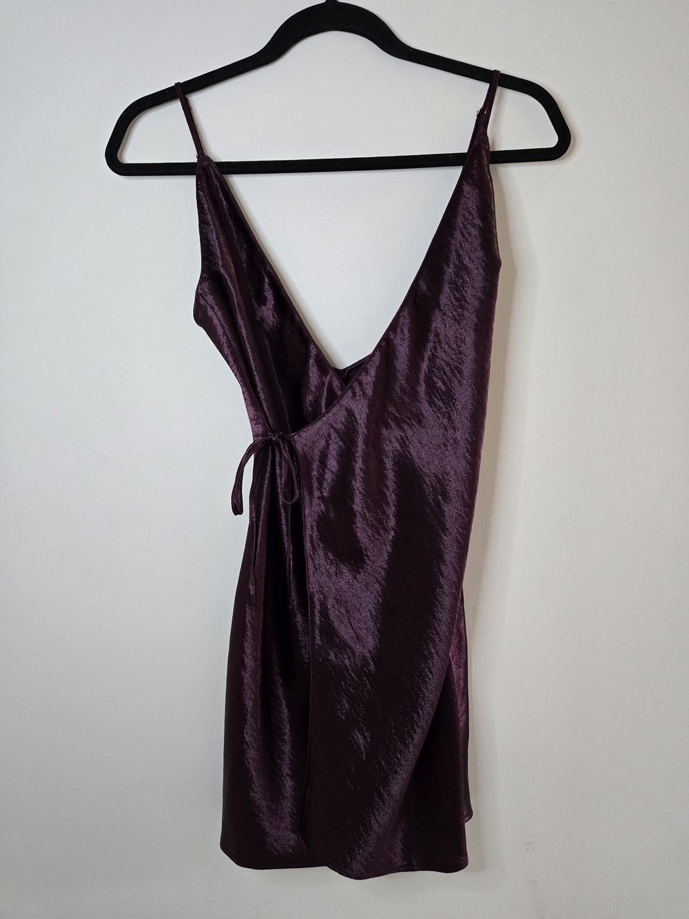 La SENZA Plum Satin Wrap Chemise Slip Lingere Dress with Tie Waist, Small + New